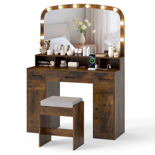 COSTWAY Dressing Table with LED Mirror and Stool, Makeup Tab