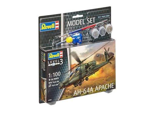 Revell Model Set 64985 AH-64A Apache 1:100 Scale Unbuilt/Unpainted Plastic Model Kit with Contacta Professional Glue, Paintbrush & Selected Aqua Color Paints