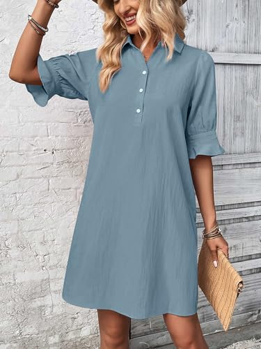 Image of FENSACE Womens Casual Shirt Dress Ruffle Sleeve Button Down Shift Summer Dresses with Pockets