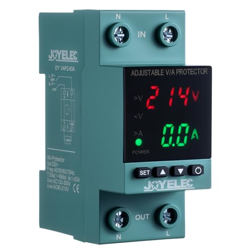 JOYELEC Protetor contra picos de tensão, dispositivo ajustável subtensão estabilizador voltagem AC230 V 63A 2P, restauração automática, proteção contra sobrecorrente, com luz LED e ecrã de voltagem