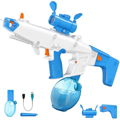 Pistola de Agua Eléctrica para Niños y Adultos, Potente Pistola de Agua con 810 ml Gran Capacidad, Absorción Automática, 6-8 m Alcance, Juguetes Acuáticos para Piscina y Playa (Azul)