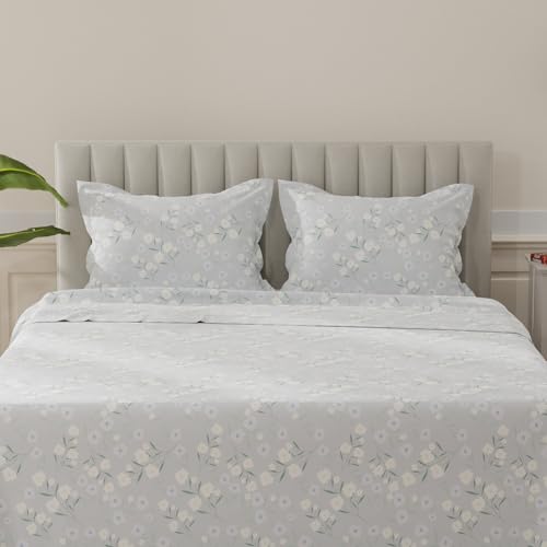 Image of Layers 100% Cotton Bedsheet for King Size Bed | Lumina Floret Collection | 144 TC Soft & Breathable | Printed with 2 Pillow Covers | Wrinkle Free & Colorfast | 3 Piece Bedding Set - Grey