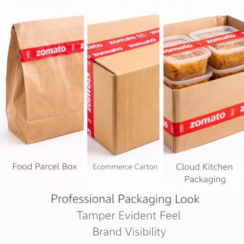 Image of Zomato Food Packing Tape | Pack of 12 | Strong Adhesive Red Color 24 mm 1 Inch x 65 Meter For Food Delivery Takeaway Boxes And Ecommerce Packing