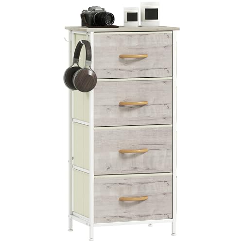 HOMCOM Cassettiera per camera da letto con 4 cassetti in tessuto, cassettiera alta con 4 tasche, 2 ganci e telaio in acciaio per soggiorno, corridoio, finitura in legno naturale HOMCOM Cassettiera per camera da letto con 4 cassetti in tessuto, cassettiera alta con 4 tasche, 2 ganci e telaio in acciaio per soggiorno, corridoio, finitura in legno naturale