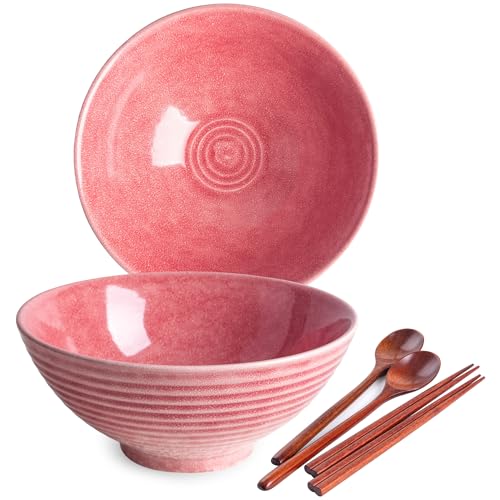 Image of Auanlay 1200ml Ceramic Ramen Bowl Set of 2 Japanese Noodle Bowls with Spoons and Chopsticks, Pink