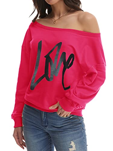 Yanekop Womens Oversized Sweatshirt Love Letter Printed Off Shoulder Sweatshirt Loose Slouchy Pullover Tops(Rose Red,M) #TOP4