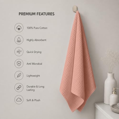 Image of Pure Cotton Waffle Towel | Lightweight | Anti Microbial and Water Absorbent | Soft Touch Quick Drying Bath Towels (Peach, Pack of 1)