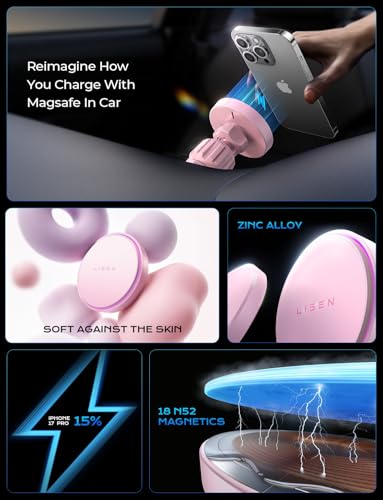 Image of LISEN 15W MagSafe Car Mount Charger,[Light Pink] Magnetic Wireless Car Charger, Dashboard & Air Vent Car Phone Mounts, Car Phone Holder for iPhone 17-12, Samsung, Pixel, Cute Car Accessories for Women | [Light Pink & Purple LED light] Magsafe Car Mount Charger, 2 in 1 Dashborad & Vent Wireless Car Charger for Women