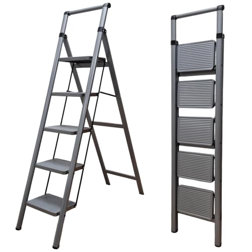 UZIRO Escalera Plegable 5 Peldaños, Liviana y Compacta, Diseño Decorativo, Peldaños Anchos Antideslizantes, Ideal para Uso en Hogar, Cocina y Oficina, Fácil de Guardar (Gris, 5 Peldaños)