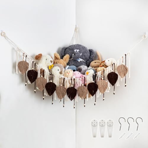 Image of Pretty Jolly Macrame Stuffed Animal Hammock with Beads Hand Woven Leaf Tassels Corner Hanging Net Boho Plush Holder for Kid Room Nursery Decor Easy Install Organizer for Girls Gift(Brown)