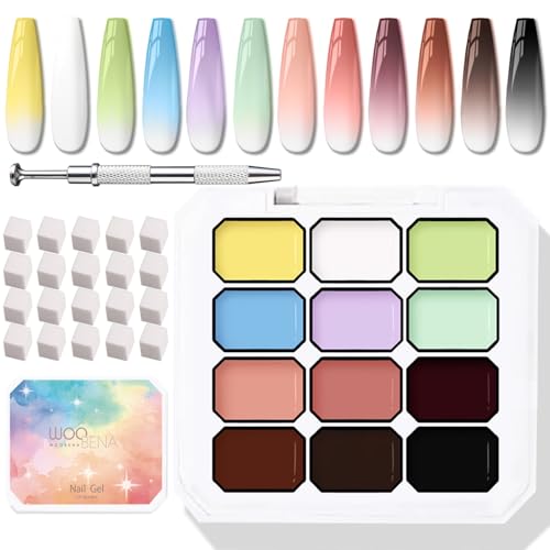 12 Colors Pat Paint Nail Gel, Sponge Pat Pat Gel Ombre Gradient Gel Nail Blush Blooming Aura Nails Drawing Stripper Floral Painting DIY Nail Art, No Wipe, UV/LED Curing with 100pcs Sponges