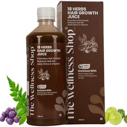Image of The Wellness Shop 18 Herbs Hair Growth Juice 500ml | Ayurvedic Herbal Drink with Bhringraj Amla Noni Vitamin C | Helps Hair Fall Control, Supports Strong Roots | Natural Scalp Care Pack for Women Men