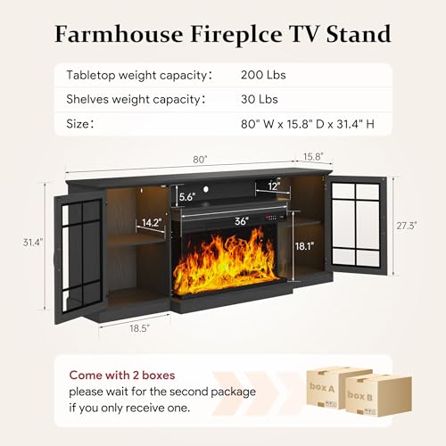 Image of MXV 80'' Fireplace TV Stand, Farmhouse Entertainment Center with 3 Sided Glass TV Stand, Modern Media Console Table with Storage Drawers & Cabinets with LED Flame and Lights for Living Room, Black