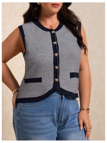 Verdusa Women's Plus Size Striped Button Down Sweater Vest Sleeveless Crew Neck Knit Tank Top3