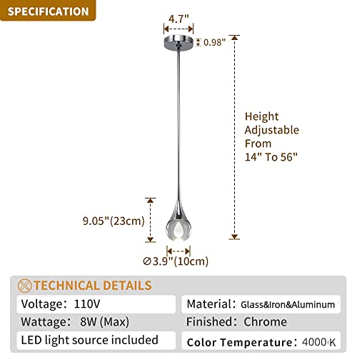 Wabon Pendant Light Fixtures 1-Light Mini Pendant Lighting For Kitchen，Chrome Globe Pendant Led Light Fixture，Teardrop Crystal Pendant Light For Bedroom Dining Room Bar #TOP3