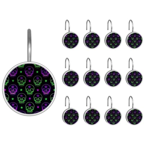 12pcs Glass Shower Curtain Hooks, Rust Resistant Decorative Shower Rings for Bathroom Living Room,Stainless Steel Hooks for Shower Curtain and Liner Rods (Purple Green Neon Skulls)