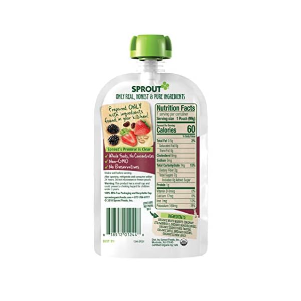 Sprout Organic Baby Food, Stage 2 Pouches, Fruit Veggie & Grain Blend, Mixed Berry Oatmeal, 3.5 Oz Purees (Pack of 6)