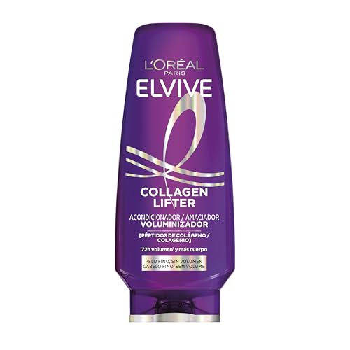L'Oréal Paris Elvive, Acondicionador Voluminizador, Cabello Más Voluminoso, Brillante e Hidratado Hasta 72H, Con Fibras Espesantes, Para Cabello Fino, Collagen Lifter, 300 ml