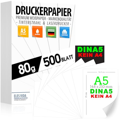 Druckerpapier 80g weiß A5-500 Blatt – 14,8 x 21 cm - PREMIUM PAPIER Reinweiß - Kopierpapier, Laserdrucker & Tintenstrahl für Uni, Fotografie, Büro & Office - MADE IN GERMANY - ACHTUNG DIN A5