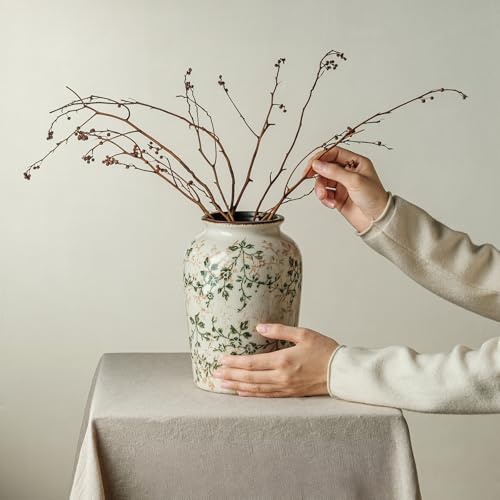 Image of Ceramic Flower Vase | Farmhouse Green Rustic Vase for Home Decor, Vintage Floral Pottery Tuscan Decorative Vase for Living Room & Kitchen, Mantel & Bookshelf, Centerpieces, Entryway, Wedding(7.8 Inch)