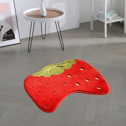 Image of Super Soft Shaggy Bath Mat Anti Skid Cute Absorbent Kids Small Bath Mat Cartoon Fruit Bathroom Rug Non Slip, Cute Bathroom Floor Mat for Home Decor (60 x 40 Cm) (Strawberry)