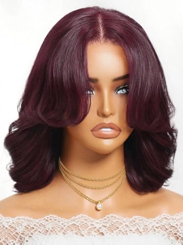 Image of Beauty Forever Glueless Bob Wig Human Hair Body Wave Black Cherry HD Lace Bob Drawstring Wig with Face Framing Bangs 150% Density 14 Inches Pre Plucked Pre Cut Bye Bye Knots Ready to Go Blow Out Wig