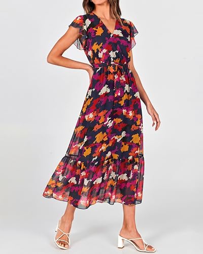 Image of BTFBM Women Summer Bohemian Floral Casual Wrap V Neck Ruffle Cap Sleeveless Belt A-Line Pleated Hem Midi Sun Dress White