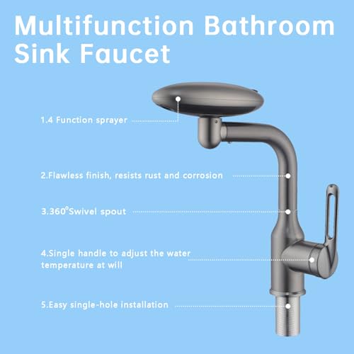 Image of ICRREH Waterfall Bathroom Sink Faucet, Multifunctional Basin Faucet with 4 Water Outlet Modes Single Hole, Modern 360Rotatable Bathroom Faucet with Two Water Supply Pipes, Gray