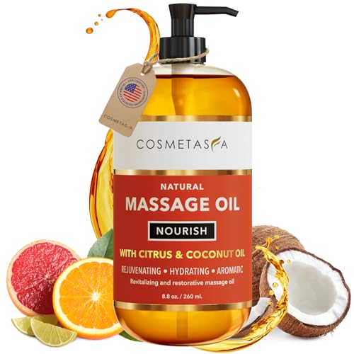 Image of Natural Nourishing Citrus & Coconut Massage Oil- Smooth Glide, Non Greasy Therapeutic Massage Oils with Rejuvenating, Hydrating & Aromatic Essential Oils for Dry Skin, Soothes Muscle & Joints 8.8 oz