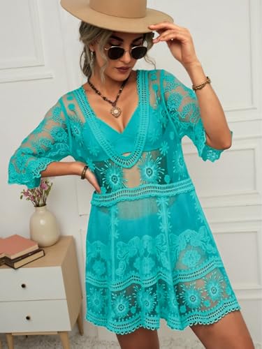 Image of Eomenie Women's Contrast Lace Bathing Suit Cover Up V-Neck Swimsuit Coverups Loose Swimwear Beach Dress Beachwear