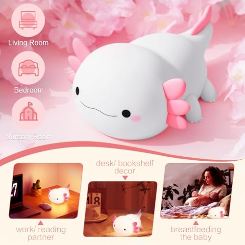 axolotl night light for kids cute squishy rechargeable axolotls lamp unique white pink xmas axolotl gifts dimmable led silicone nightlight baby safe girls room college dorm dcor