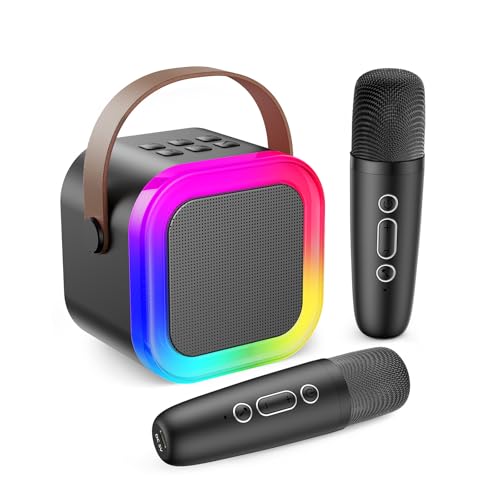 Fede Karaoke 2 Micrófonos para Niños, Mini Karaoke Infantil Micrófonos Inalámbricos Altavoz Bluetooth Portátil con Efectos de Cambio de Voz y Luces LED, Mejores Juguetes Regalos para Niñas Negro