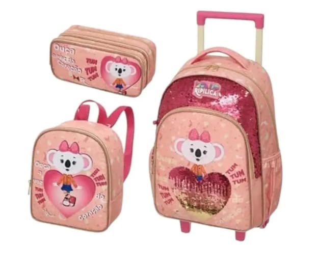 KIT ESCOLAR LILICA RIPILICA LOVELY: BOLSA CARRINHO SEM ALÇA, LANCHEIRA E ESTOJO DUPLO 100% ORIGINAL