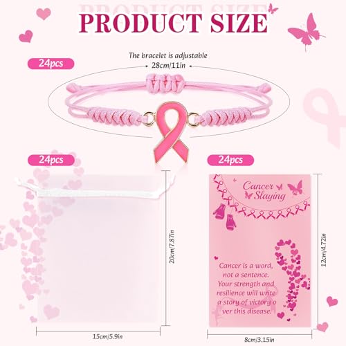LUYI 24 Set Breast Cancer Awareness Bracelets with Card Adjustable Cord Pink Ribbon Braided Bracelets Breast Cancer Awareness Accessories Party Favors Items Gifts for Women2