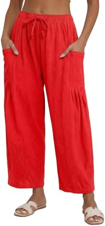 Marvmys Womens Linen Wide Leg Pants Casual Loose Drawstring Summer Beach Travel Palazzo Harem Pants with Pockets