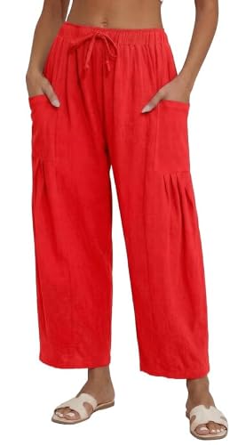 Marvmys Women Linen Wide Leg Pants Summer Breathable Beach Travel Vacation Trousers Red L