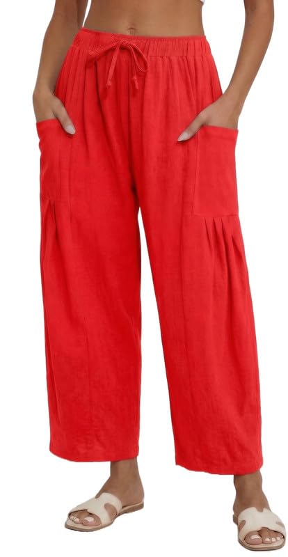 Marvmys Women Wide Leg Lounge Pants Fashion High Waisted Drawstring Trousers with Pockets Red M