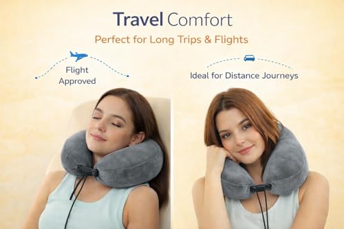 Image of cozyland Memory Foam Travel Neck Pillow |Ultra Soft Velvet Fabric|Ergonomically Designed for Ultimate Comfort for Air, Car, Train, Bus Travel- Grey, Standard Size