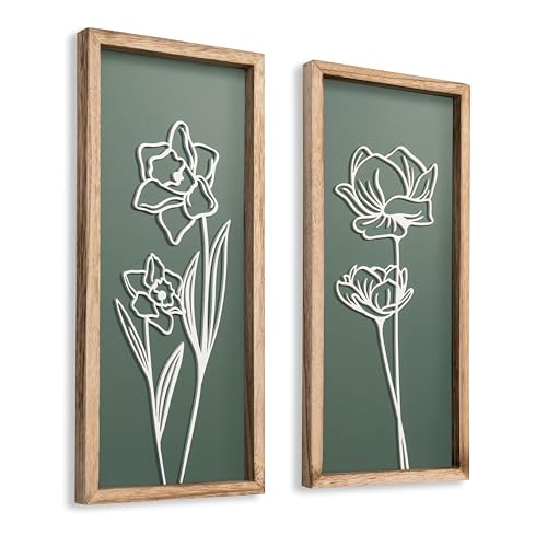 3D Floral Green Wall Art (Set of 2) Lightweight, Wooden Ready-to-Hang Boho Framed Wall Art for Bathroom, Bedroom, Living Room or Office – Premium Sage Green Farmhouse Decor – Gift-Boxed