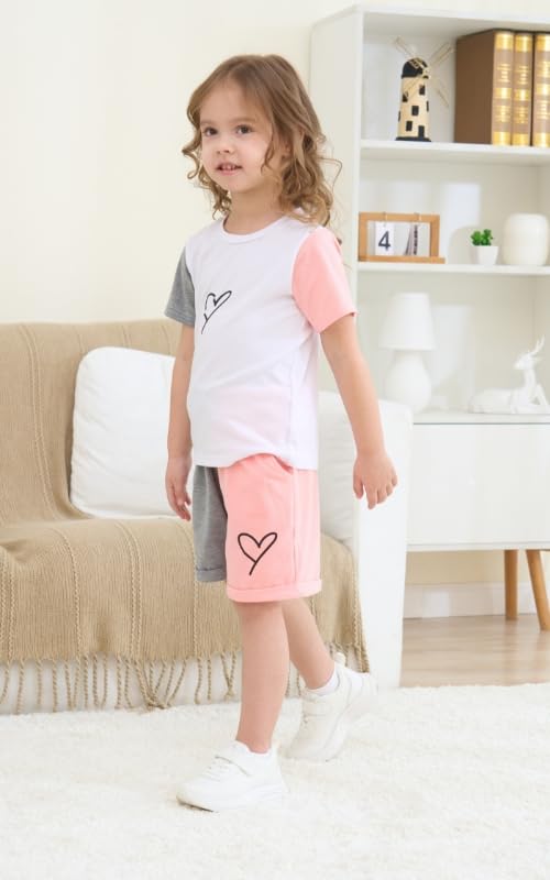 Image of Cakaner Toddler Kids Girl Clothes Floral Letter Graphic Top + Shorts 2PC Girls Summer Short Set