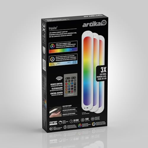 Image of artika RGB LED Under Cabinet Lighting Kit, 3 Ultra-Thin Panels with Motion Sensor, Remote Control, Adjustable Brightness & Color Temperature, Plug-in Cabinet Lights for Kitchen, Closet & Wardrobe
