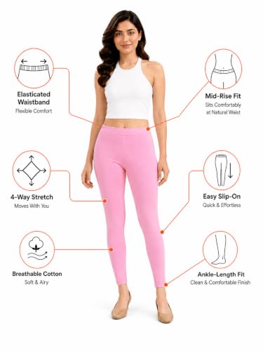 Image of Women's Cotton Lycra Ankle Length Leggings | Regular Rise, Soft 4 Way Stretch Fabric | Casual & Ethnic Wear