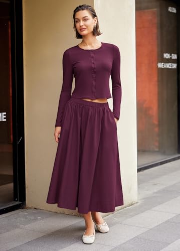 Image of Panadila Womens 2 Piece Lounge Sets Matching Vacation Outfits Ribbed Button Down Cardigan and Elastic Waist Skirt Sets