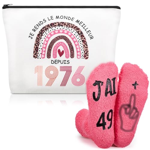Xuniea Cadeau Anniversaire Femme 50 Ans - Trousse Maquillage & Chaussettes 1976, Idée Cadeau Originale Humour Femme Née en 1976, Set Accessoire 50e Anniversaire