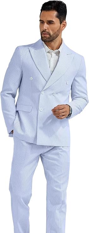 Men's Leisure Striped Seersucker Double Breasted Slim Fit Lightweight Tuxedo Summer Beach Suits3