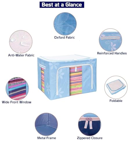 Image of TEKCOOL Foldable Steel Frame Clothes Organizer Storage Box for Wardrobe, Saree, Shirts, and Blankets (66 Ltr - Pack of 1, Oxford Fabric).