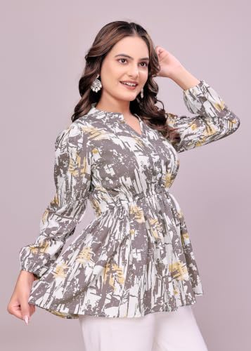 Image of NEW Women's Stylish Brown Polka Dot Crepe Fabric Tunic Top | Full Sleeves Collared Neck Peplum | Flared Fit Trendy Ladies Top