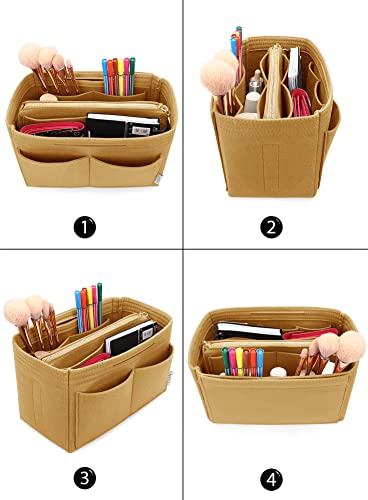 Image of Felt Purse Insert Handbag Organizer Bag in Bag Organizer with zipper Bag Tote Shaper for Speedy Neverfull 8021 Light Brown L