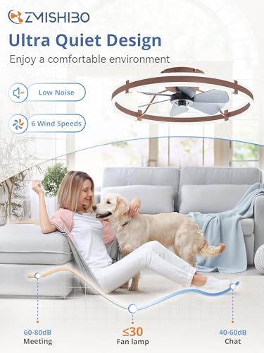 Image of ZMISHIBO 24 Inch Ceiling Fans with Lights and Remote, Modern Low Profile Ceiling Fan, 3000-6000K Dimmable Flush Mount LED Fan Light, 6 Wind Speeds, Fandelier Ceiling Fans for Bedroom- Brown
