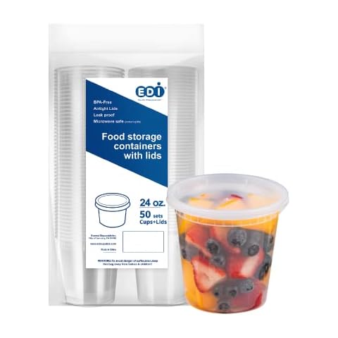 EDI [24 OZ, 50 Sets] Plastic Deli Food Storage Containers with Airtight Lids | Microwave-, Freezer-, Dishwasher-Safe | BPA Free | Heavy-Duty | Meal Prep | Leakproof | Recyclable Cover